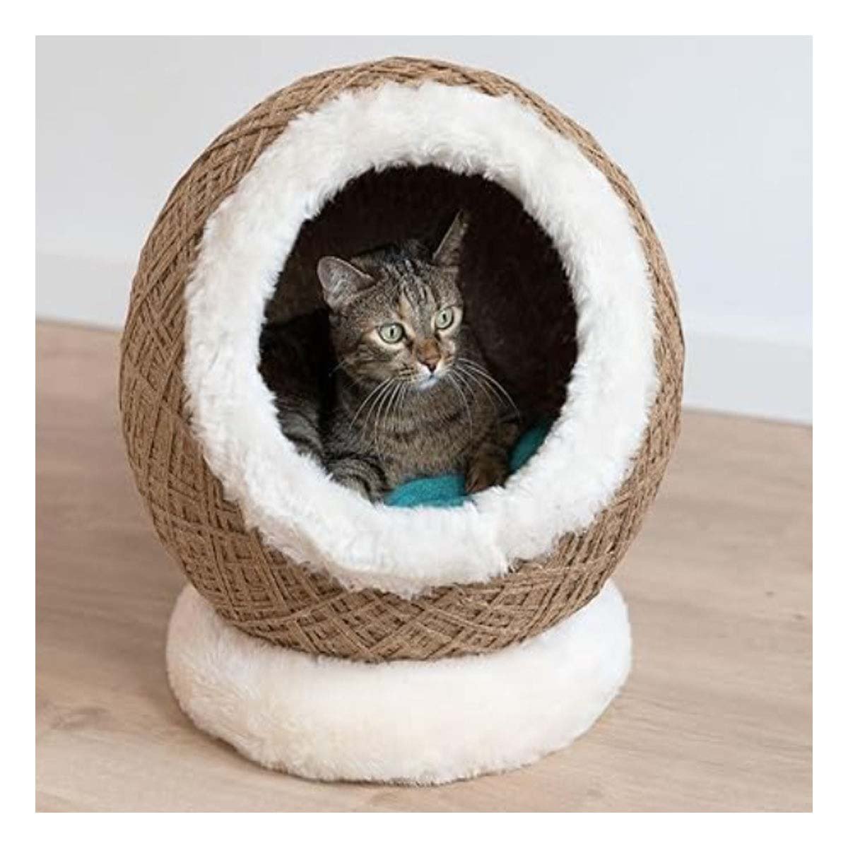 PACK2 CUNA SUAVE CON COJIN MARRON CLARO PARA GATOS EN PELUCHE BLANCO COMODO - 3