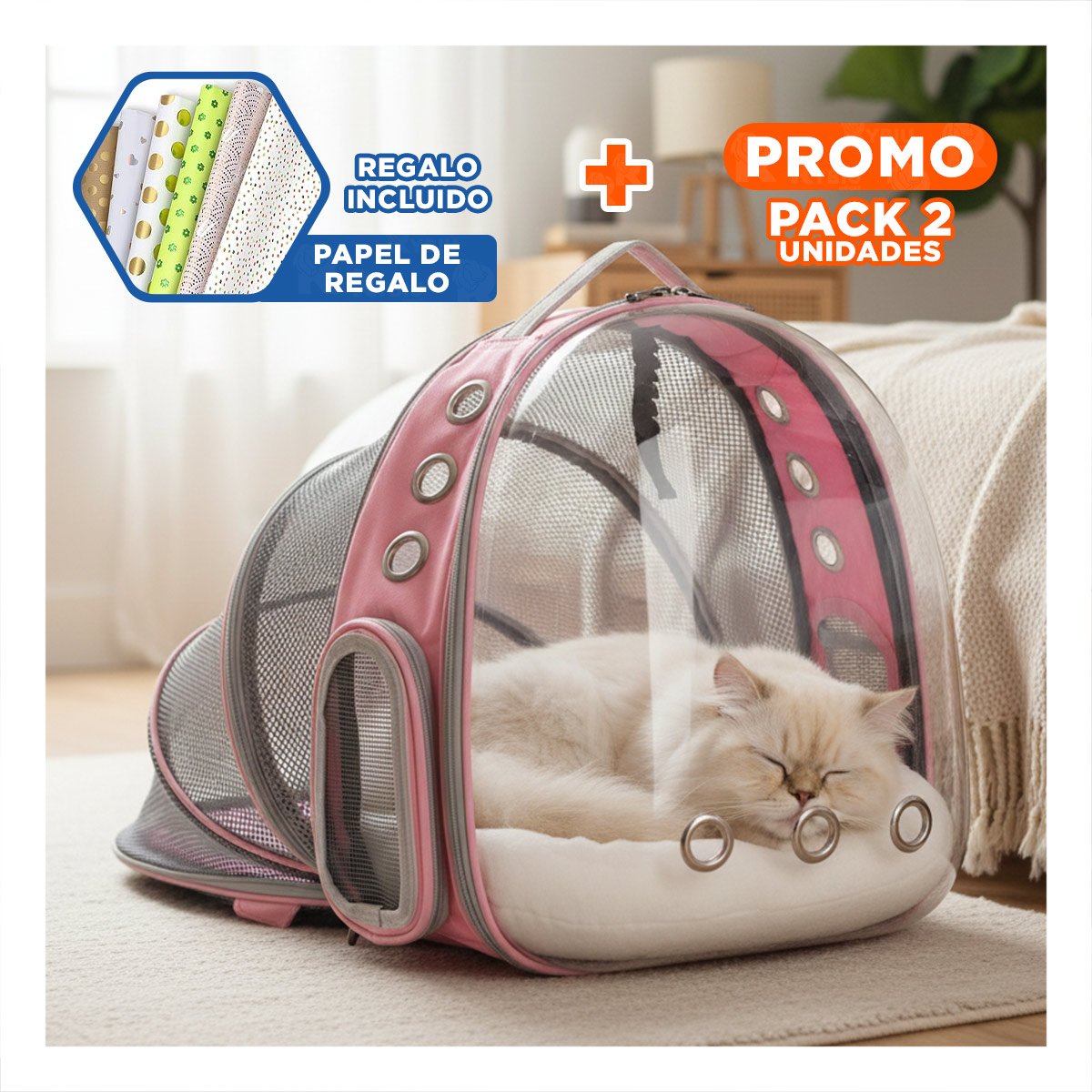 PACK2 CARRIER PORTATIL PARA GATO EN ROSADO CON BURBUJA AMPLIA Y SOPORTE FIRME Y+PAPEL REGALO - 1