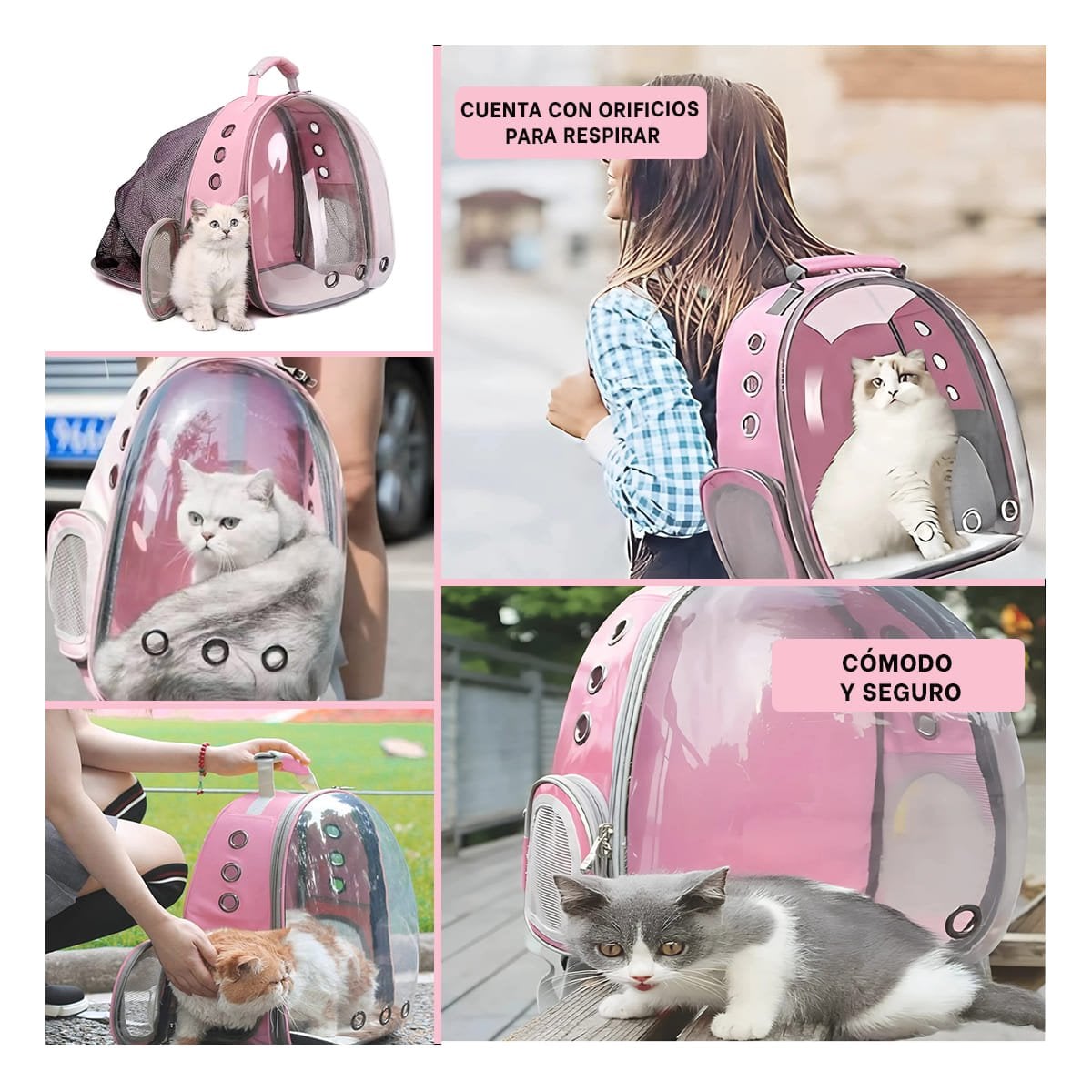 PACK2 CARRIER PORTATIL PARA GATO EN ROSADO CON BURBUJA AMPLIA Y SOPORTE FIRME Y+PAPEL REGALO - 3