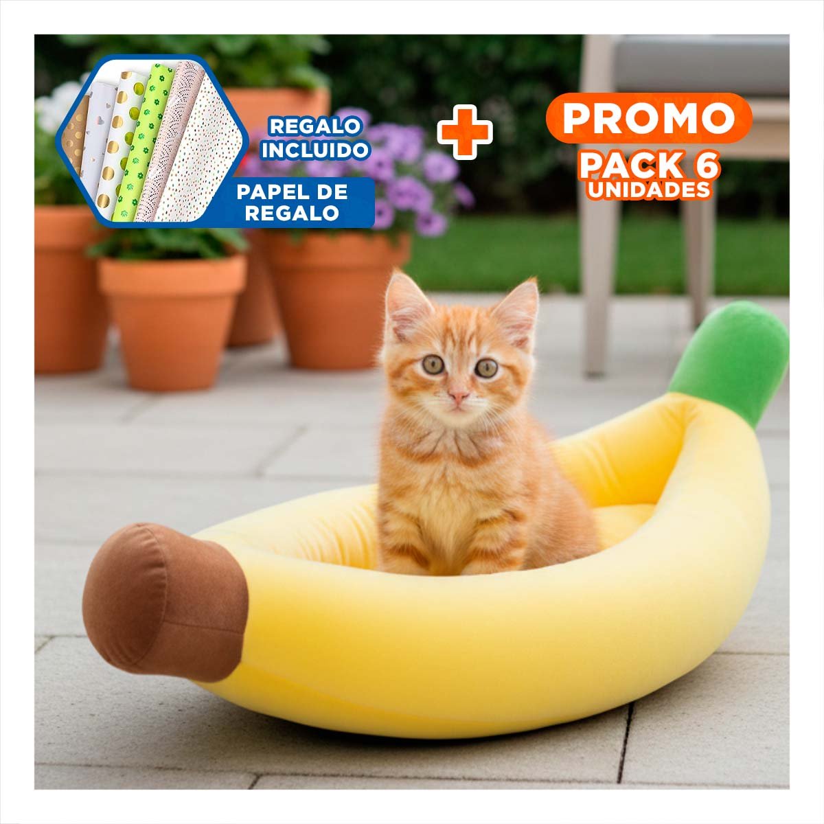 PACK6 DORMITORIO ACOLCHADO PLATANO PARA MASCOTA TALLA S AMARILLO BRILLANTE Y+PAPEL REGALO - 1
