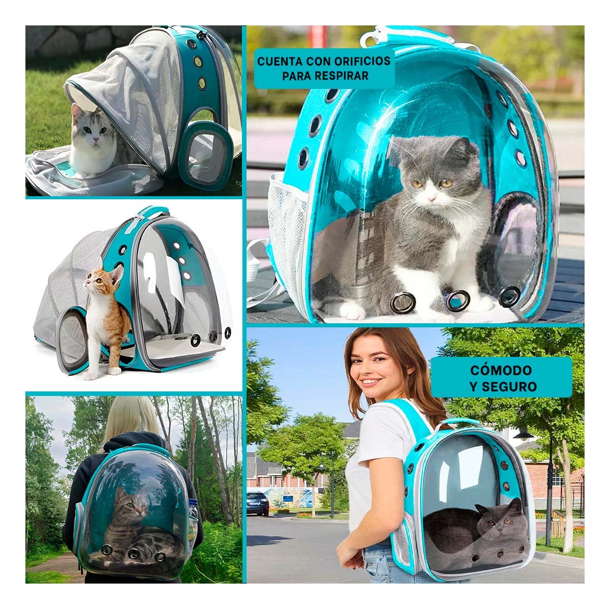 MOCHILA PORTATIL PARA GATO EN CELESTE CON BURBUJA VISIBLE Y DISENO ERGONOMICO Y+LIGAS REGALO - 5