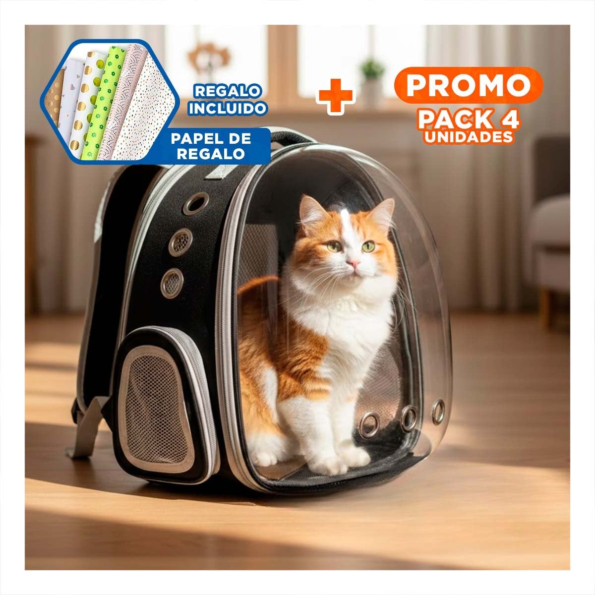 PACK4 MORRAL MODERNO PARA GATO EN NEGRO CON CAPSULA TRANSPARENTE Y SOPORTE Y+PAPEL REGALO - 1