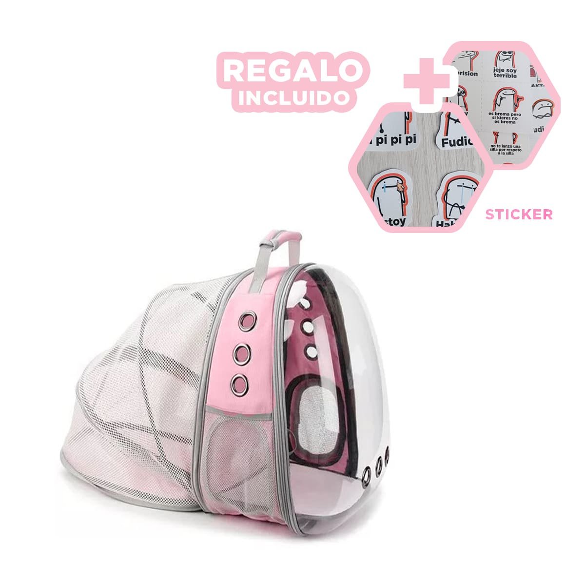 MOCHILA TRANSPORTADORA PARA GATO EN ROSADO CON CAPSULA FRONTAL Y PANEL Y+REGALO STICKER - 1