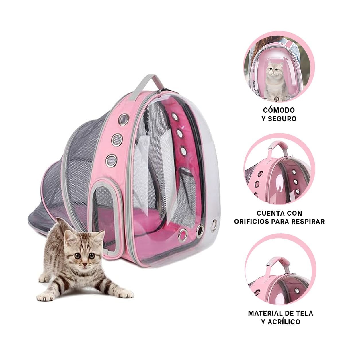 MOCHILA BURBUJA EXPANDIBLE PARA GATO EN ROSADO CON ESPACIO AMPLIO Y BASE ESTABLE - 3