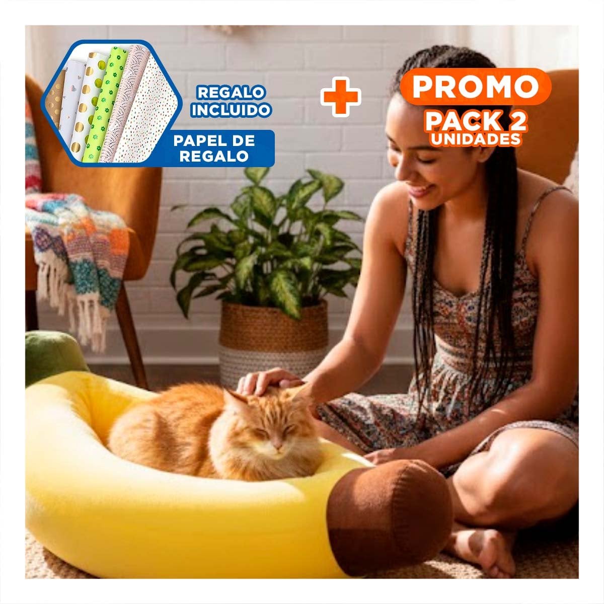 PACK2 DESCANSO TIPO PLATANO PARA MASCOTA TALLA M EN COLOR AMARILLO SUAVE Y+PAPEL REGALO - 1