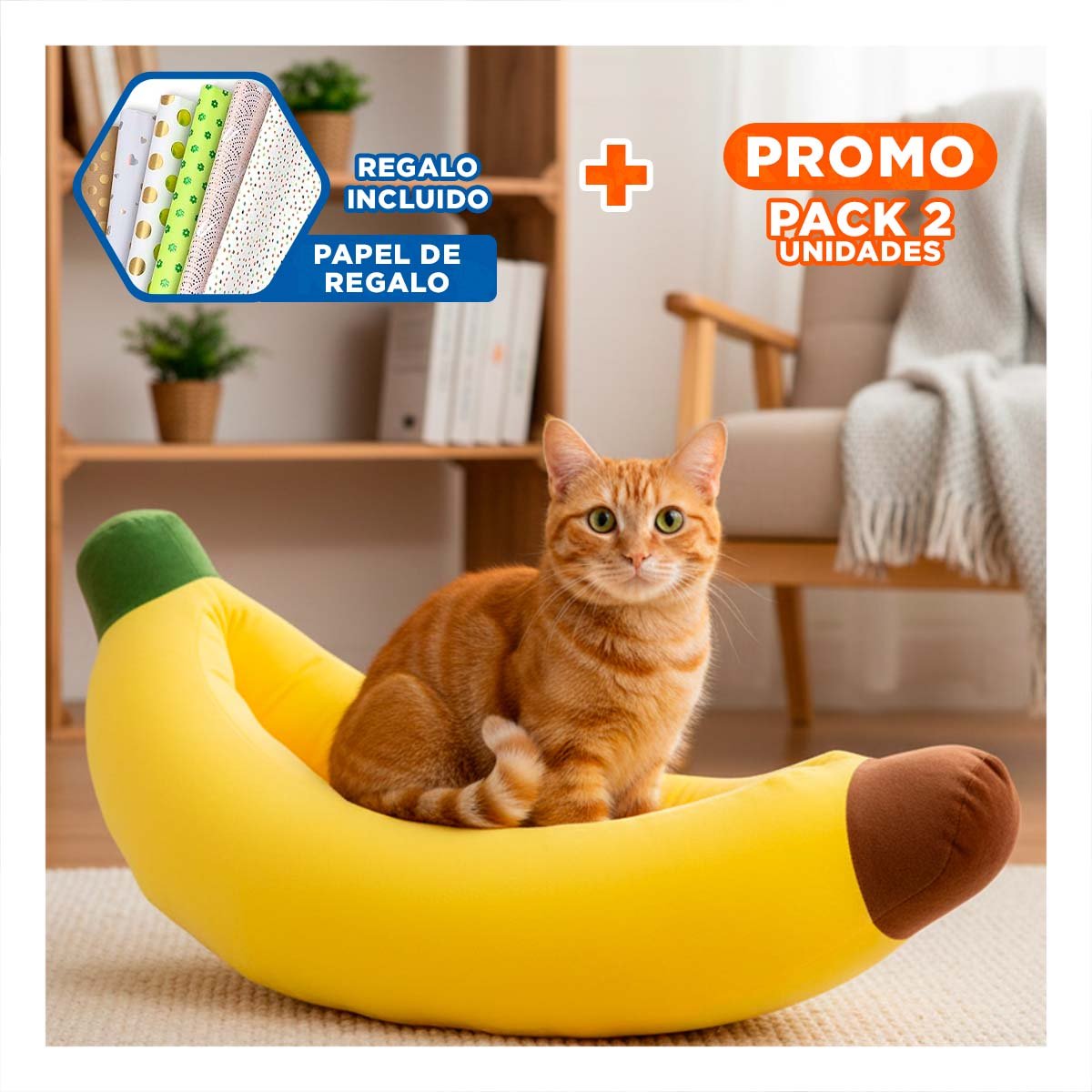 PACK2 DESCANSO TIPO PLATANO PARA MASCOTA TALLA L EN COLOR AMARILLO SUAVE Y+PAPEL REGALO - 1