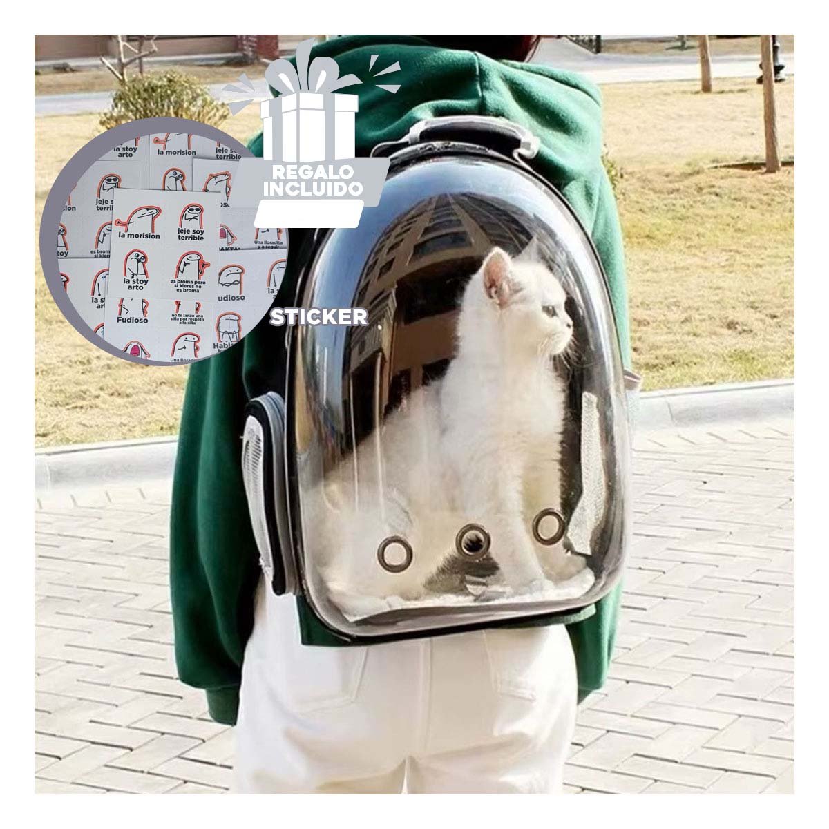 MOCHILA TRANSPORTADORA PARA GATO EN NEGRO CON BURBUJA VENTILADA Y BASE ESTABLE Y+REGALO STICKER - 1