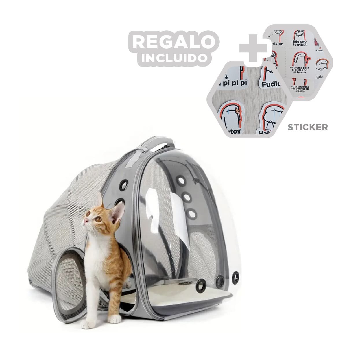 MOCHILA TRANSPORTADORA PARA GATO EN PLOMO CON CAPSULA FRONTAL Y PANEL Y+REGALO STICKER - 1