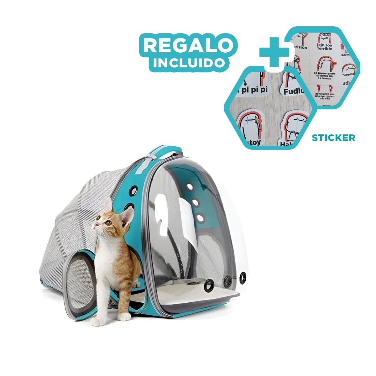 MOCHILA TRANSPORTADORA PARA GATO EN CELESTE CON CAPSULA FRONTAL Y+REGALO STICKER - 1