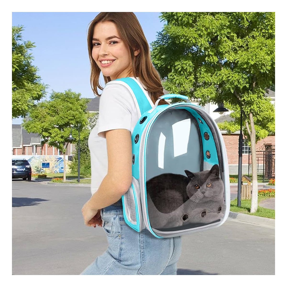 MOCHILA TRANSPORTADORA PARA GATO EN CELESTE CON CAPSULA FRONTAL Y+REGALO STICKER - 5