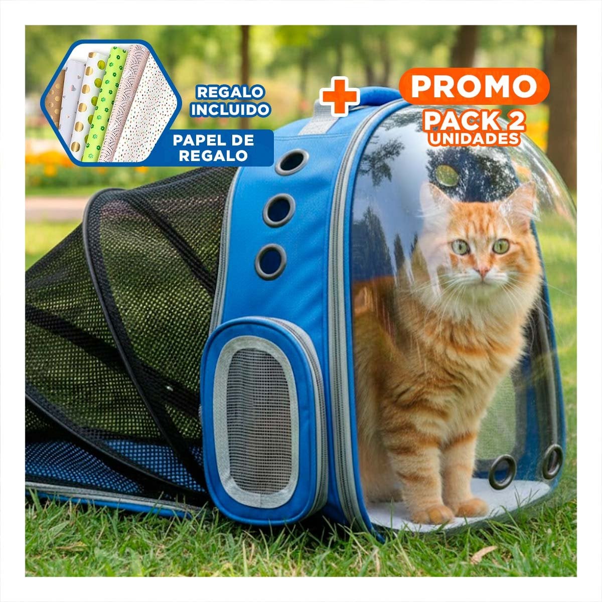 PACK2 CARRIER PORTATIL PARA GATO EN AZUL CON BURBUJA AMPLIA Y SOPORTE FIRME Y+PAPEL REGALO - 1