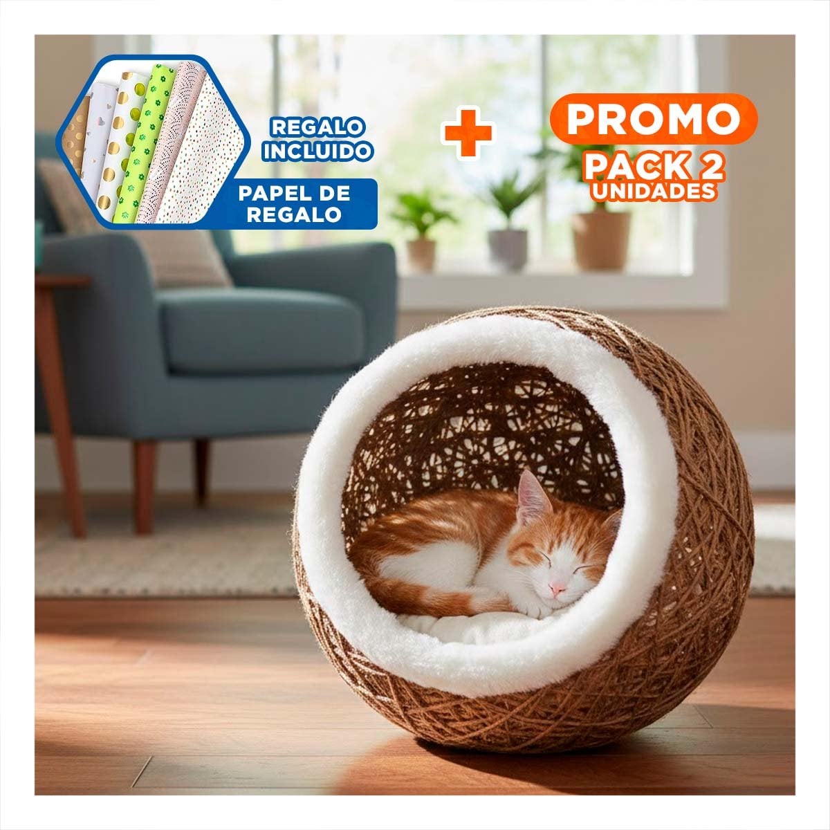 PACK2 CUNA ACOLCHADA BLANCO PELUCHE PARA GATOS INTERIOR MARRON CLARO Y+PAPEL REGALO - 1