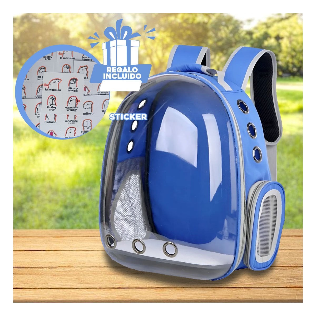 MOCHILA TRANSPORTADORA PARA GATO EN AZUL CON CAPSULA FRONTAL Y PANEL VENTILADO Y+REGALO STICKER - 1