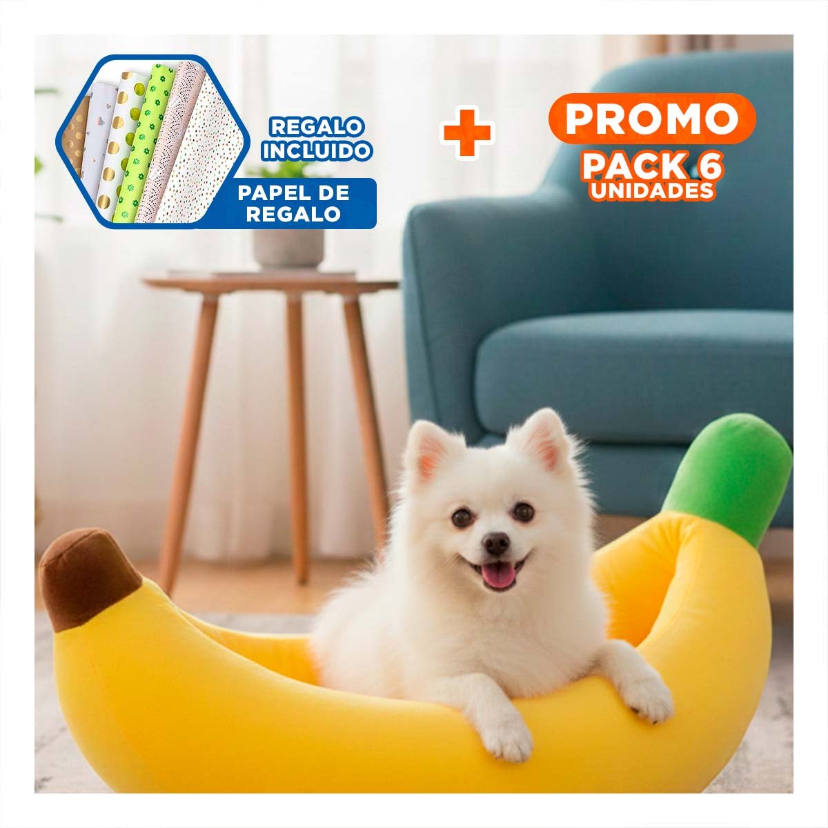 PACK6 DORMITORIO ACOLCHADO PLATANO PARA MASCOTA TALLA M AMARILLO BRILLANTE Y+PAPEL REGALO - 1