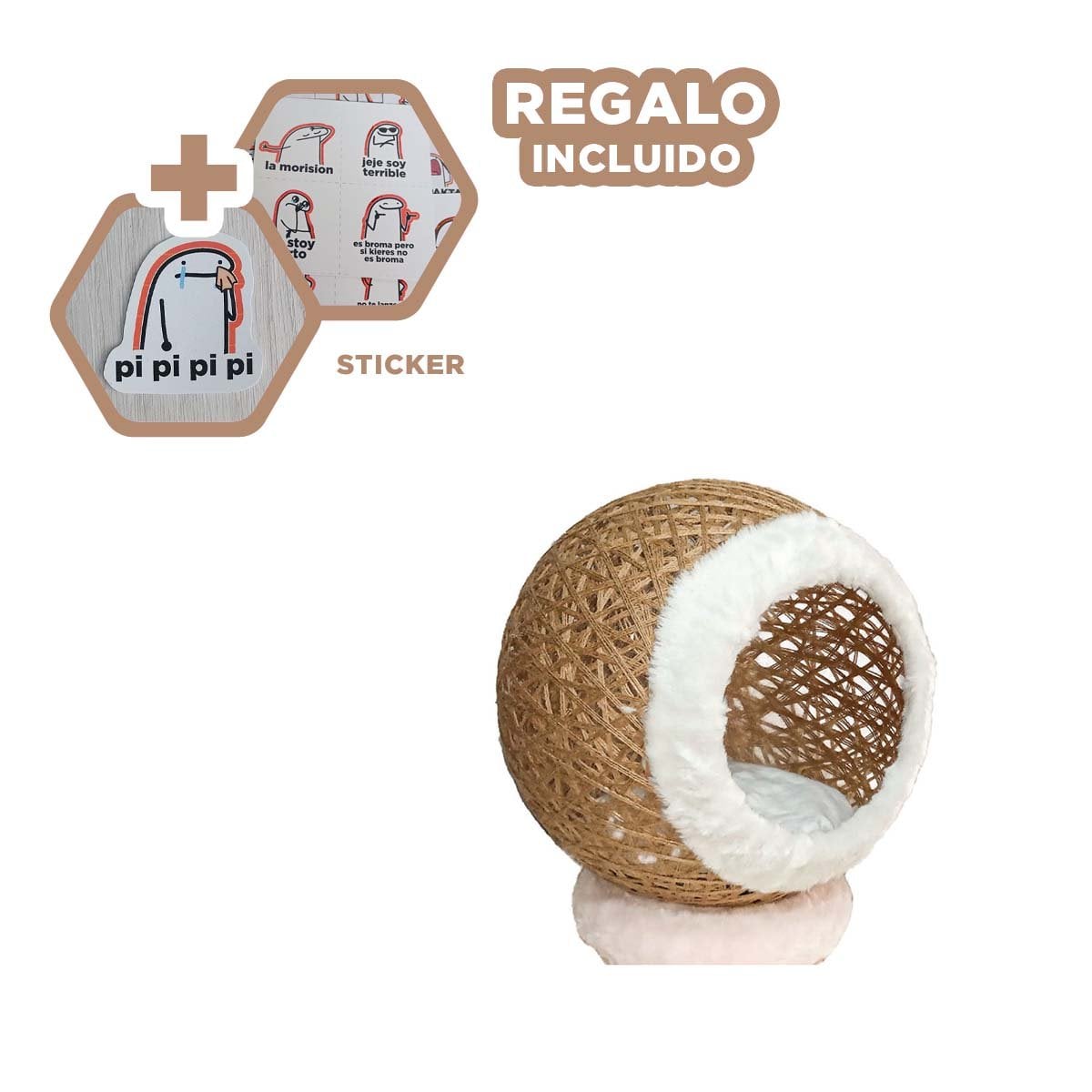 BASE COMODA CON PELUCHE BLANCO Y COJIN MARRON CLARO PARA GATOS Y+REGALO STICKER - 1