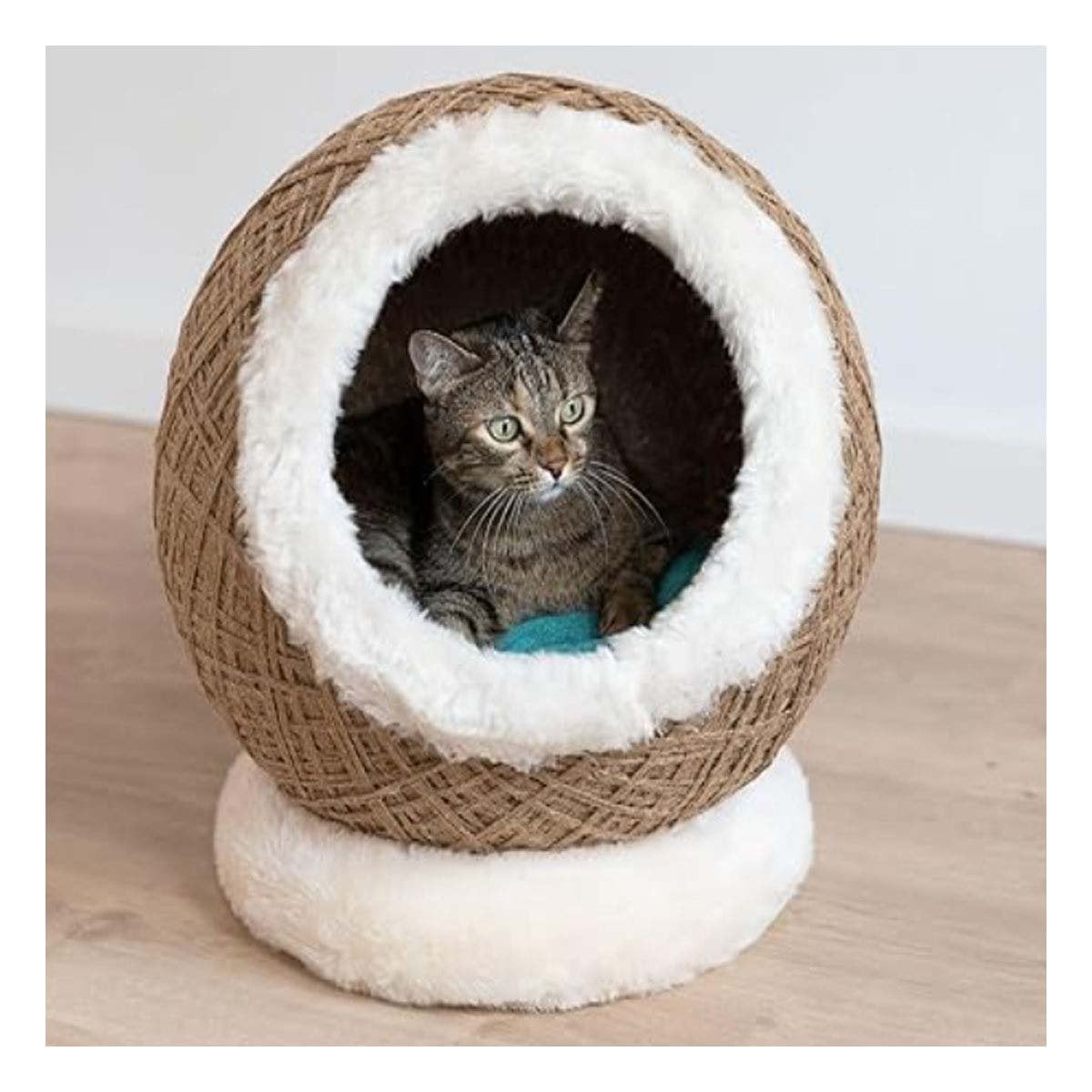 BASE COMODA CON PELUCHE BLANCO Y COJIN MARRON CLARO PARA GATOS Y+REGALO STICKER - 2