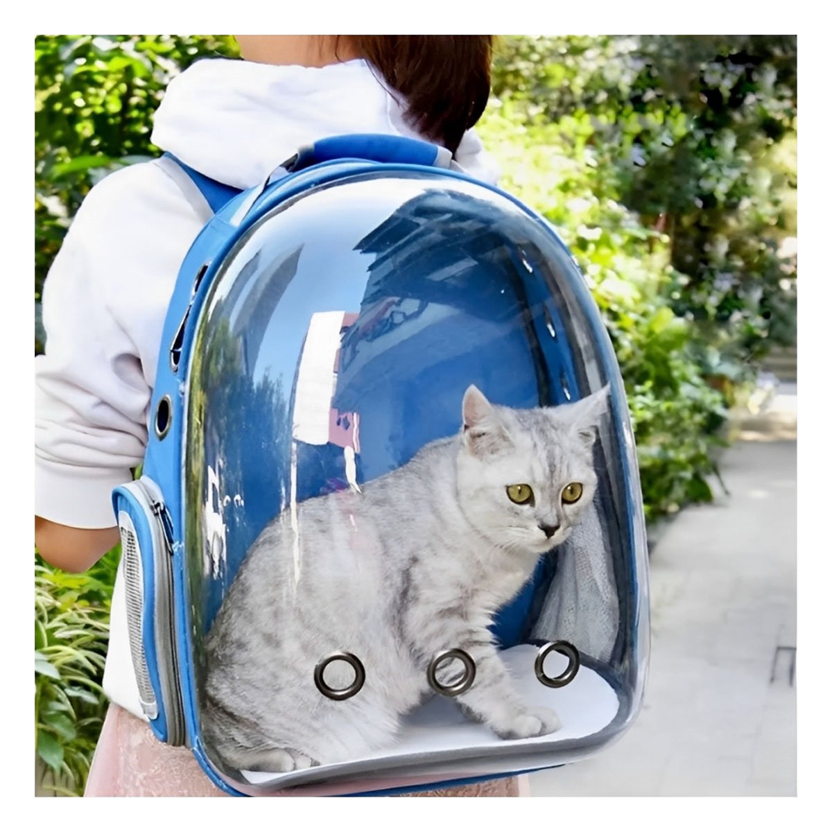 MOCHILA BURBUJA EXPANDIBLE PARA GATO EN AZUL CON ESPACIO AMPLIO Y BASE ESTABLE - 2