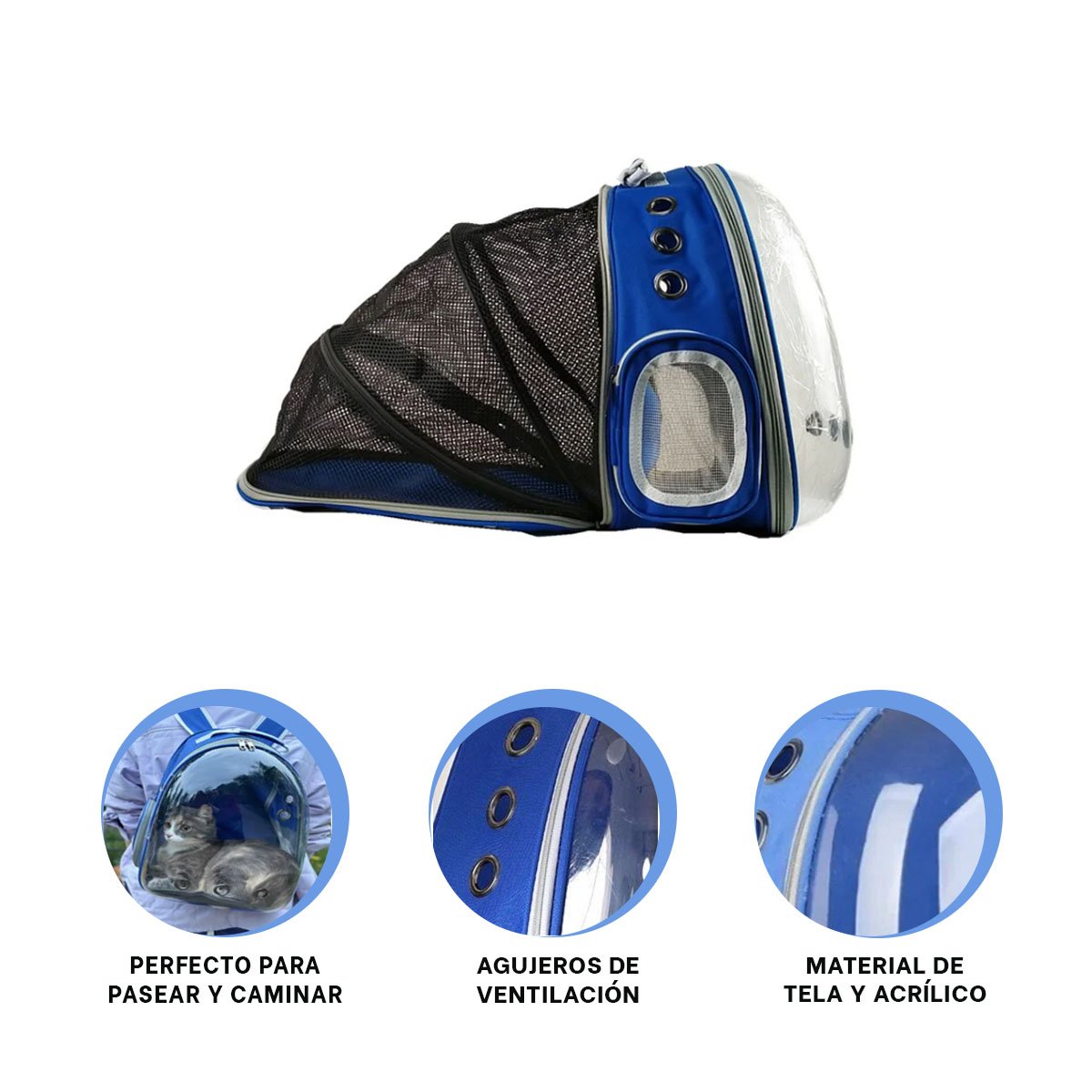 MOCHILA BURBUJA EXPANDIBLE PARA GATO EN AZUL CON ESPACIO AMPLIO Y BASE ESTABLE - 3