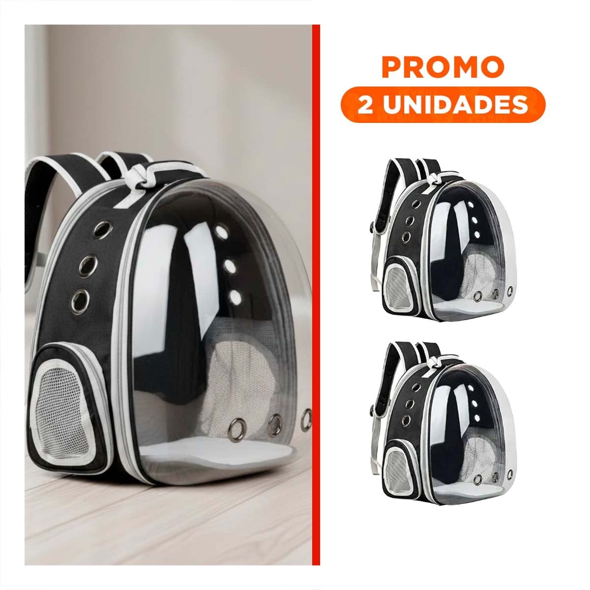 PACK2 CARRIER RESISTENTE PARA GATO EN NEGRO CON BURBUJA EXPANDIBLE Y CIERRE SEGURO - 1