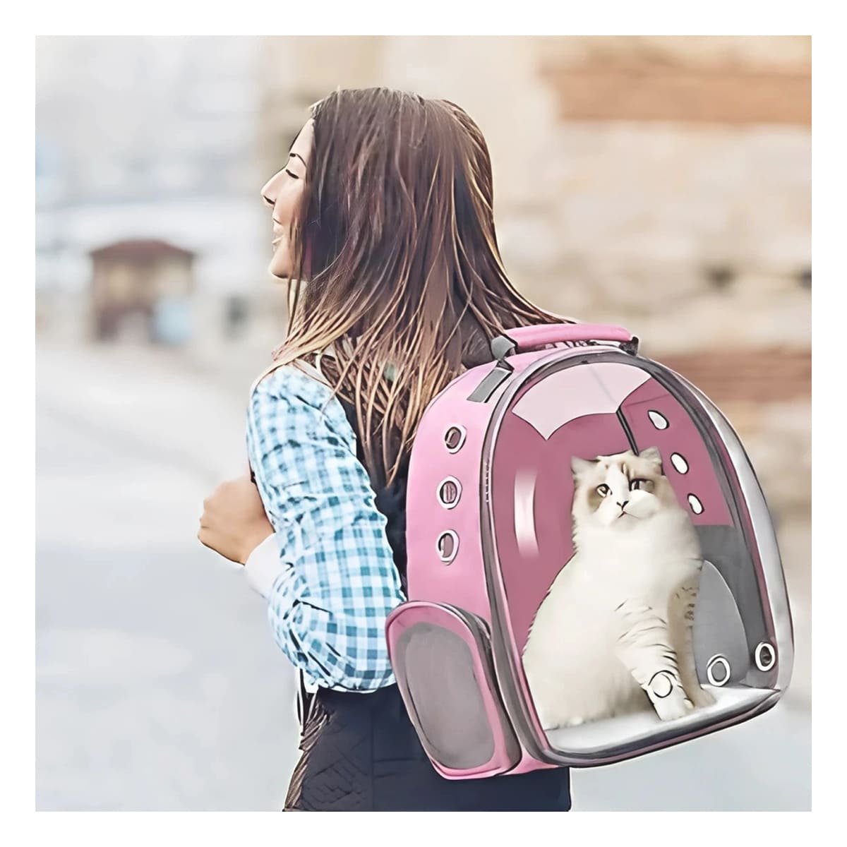 MOCHILA MODERNA PARA GATO EN ROSADO CON BURBUJA EXPANDIBLE Y MATERIAL DURADERO Y+POST IT - 2