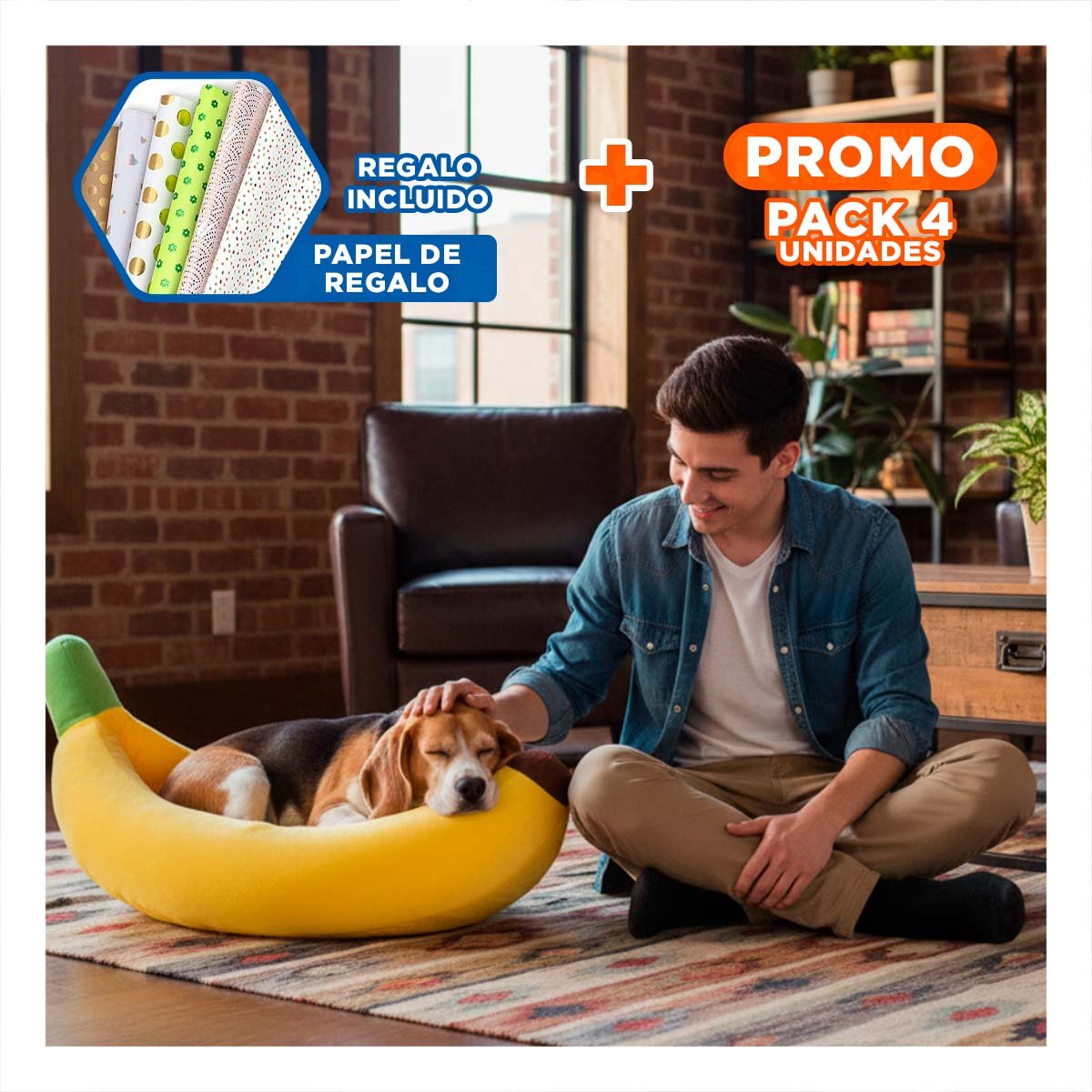 PACK4 DESCANSO MULLIDO INSPIRADO EN PLATANO PARA MASCOTA TALLA M AMARILLO Y+PAPEL REGALO - 1