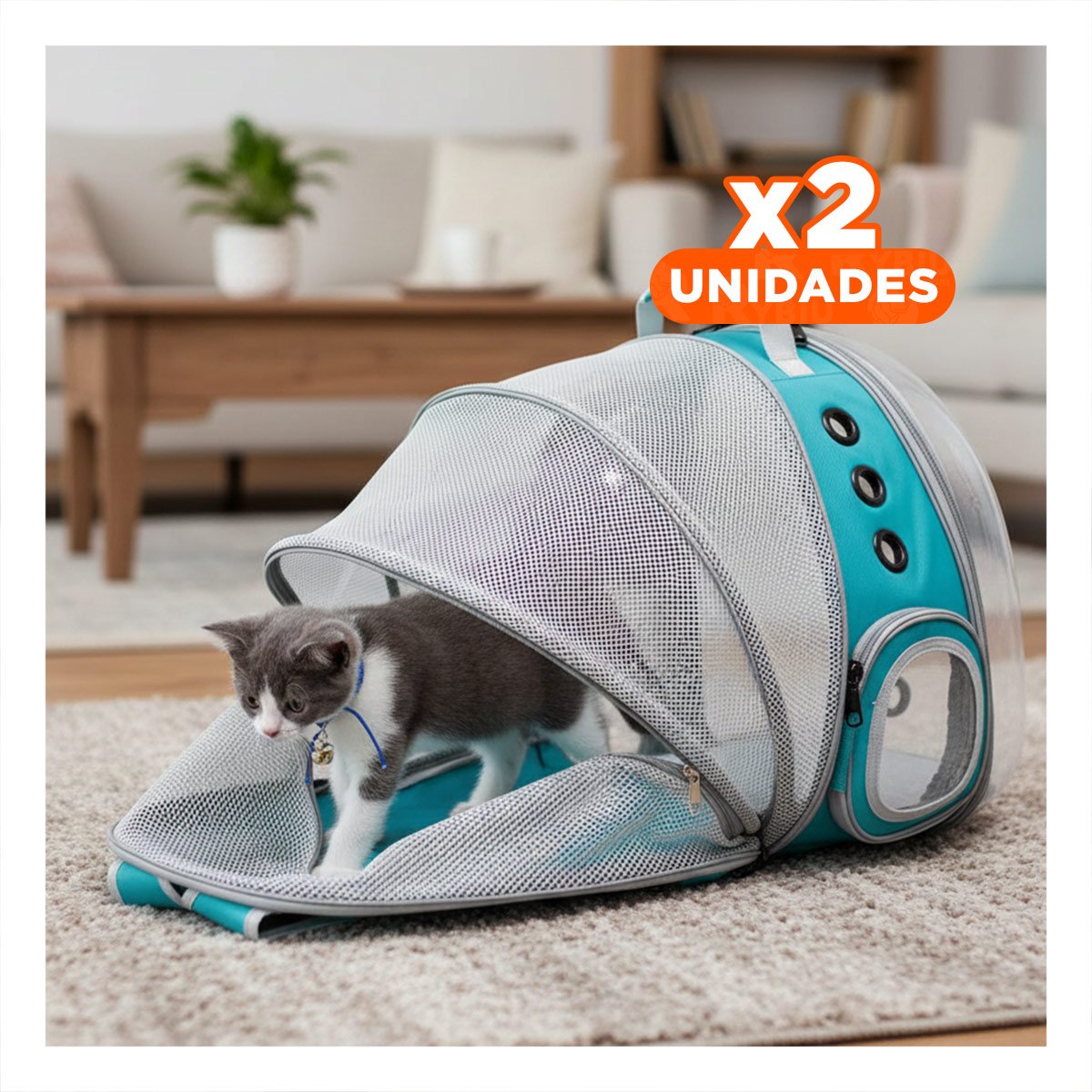 PACK2 CARRIER MODERNO PARA GATO EN CELESTE CON CAPSULA FRONTAL Y+REGALO STICKER - 1