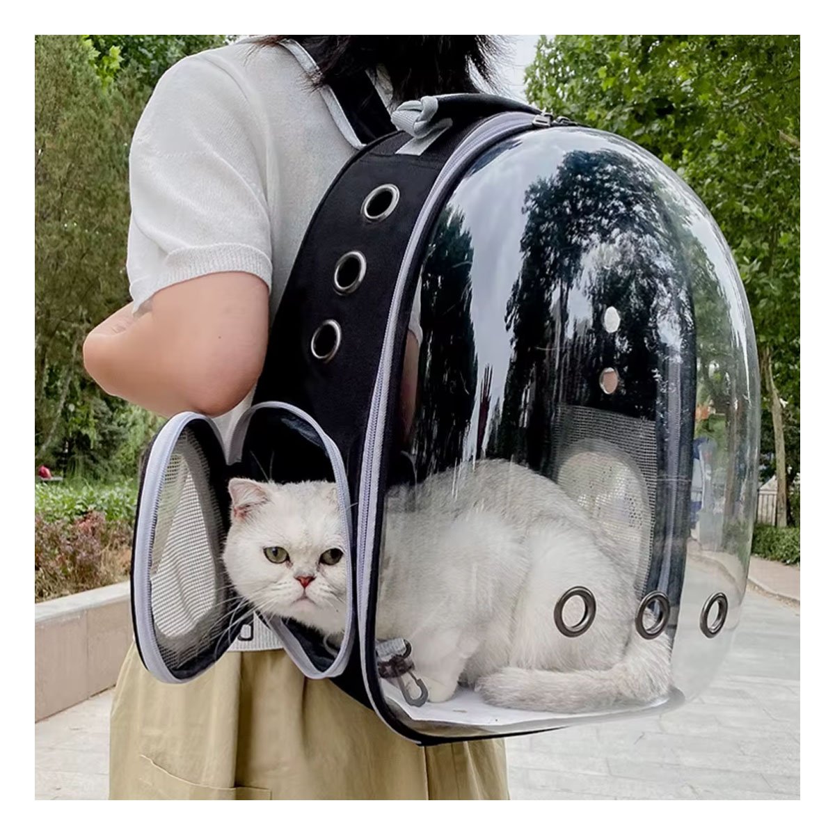 MOCHILA BURBUJA EXPANDIBLE PARA GATO EN NEGRO CON ESPACIO AMPLIADO Y SOPORTE FIRME - 1
