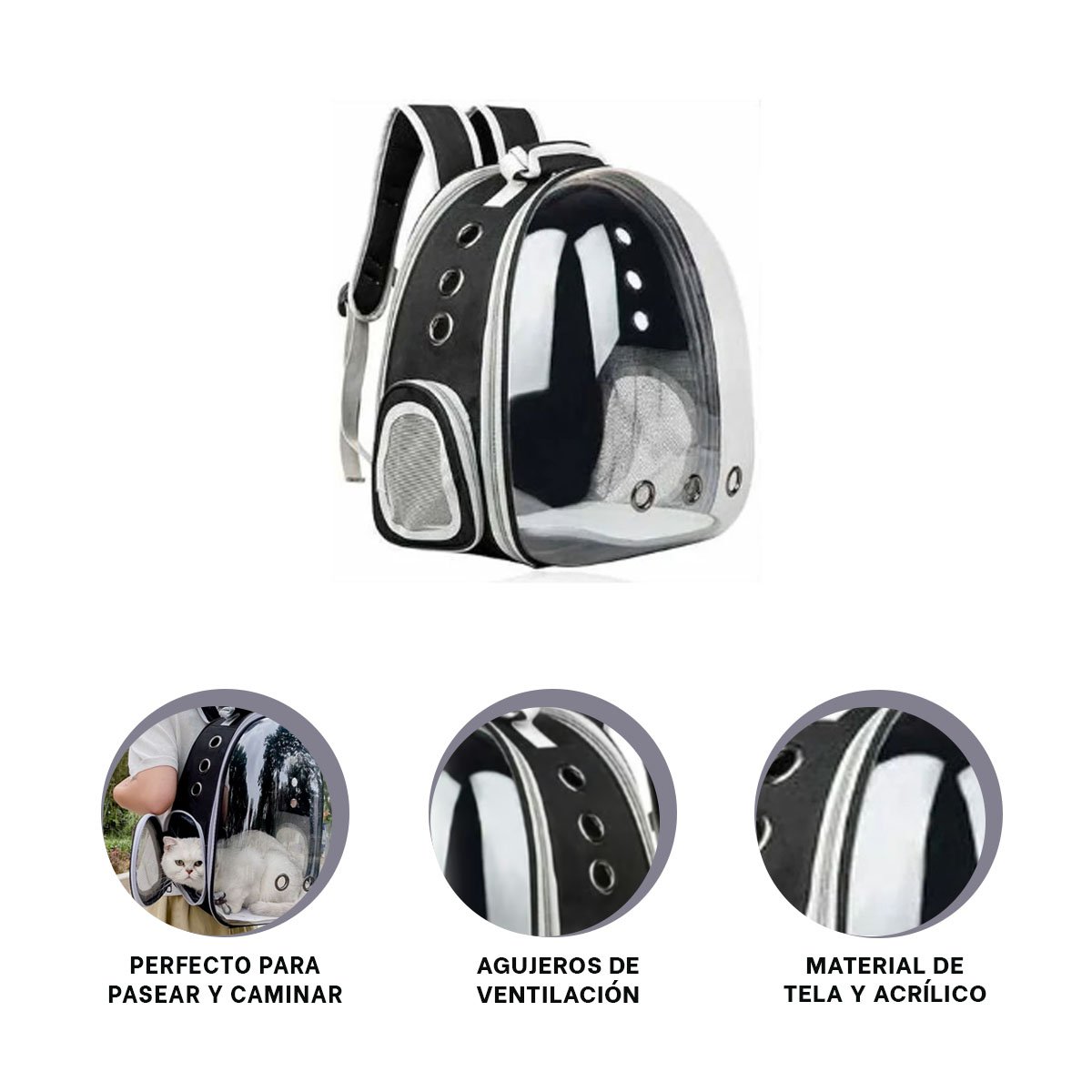 MOCHILA BURBUJA EXPANDIBLE PARA GATO EN NEGRO CON ESPACIO AMPLIADO Y SOPORTE FIRME - 3