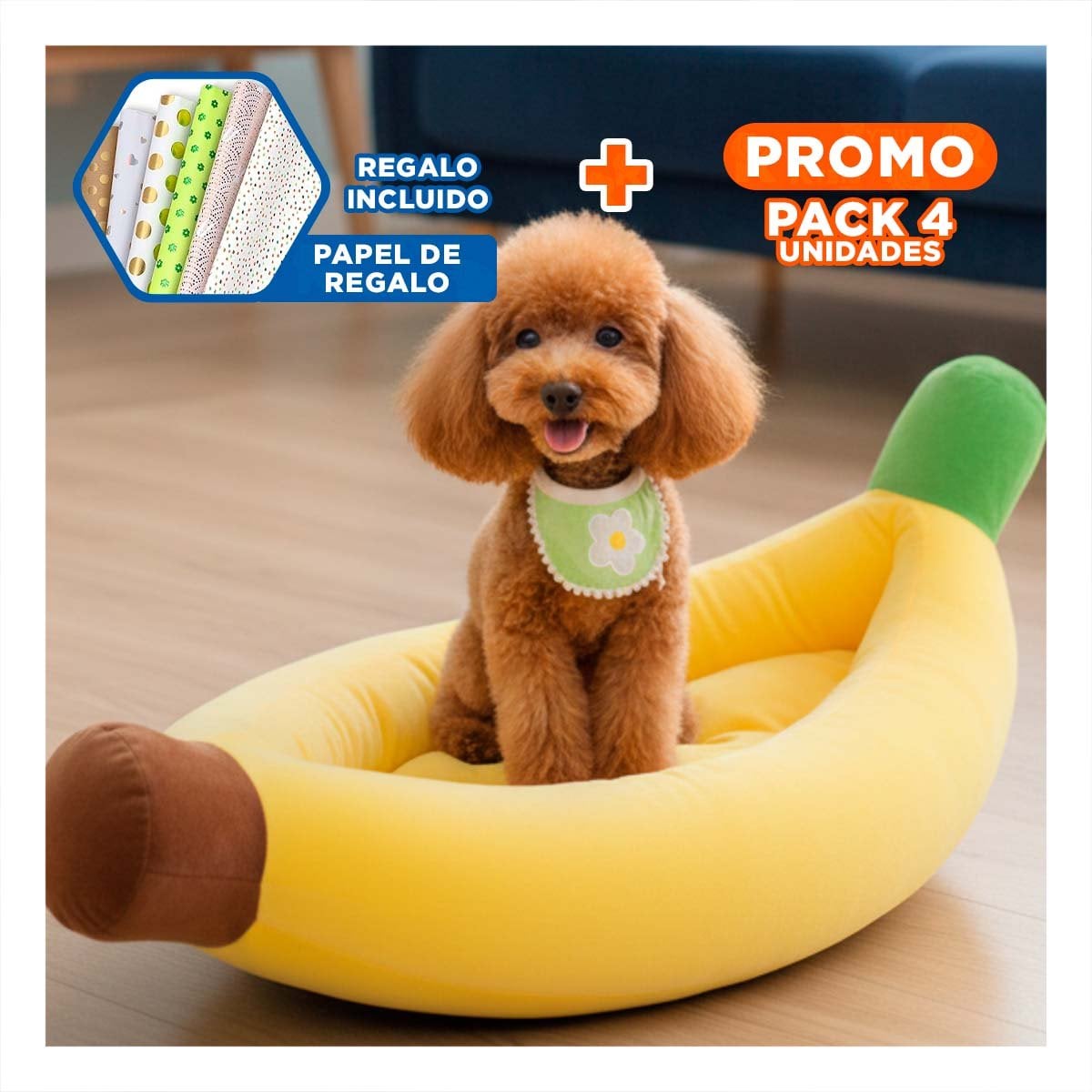 PACK4 DESCANSO MULLIDO INSPIRADO EN PLATANO PARA MASCOTA TALLA S AMARILLO Y+PAPEL REGALO - 1