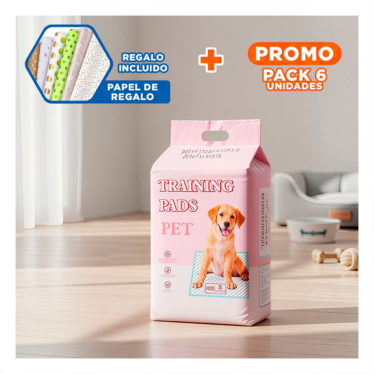 PACK6 PAÑAL DE PISO PET TALLA S CELESTE MUY SUAVE PARA LA PIEL DE SU MASCOTA Y+PAPEL REGALO - 1