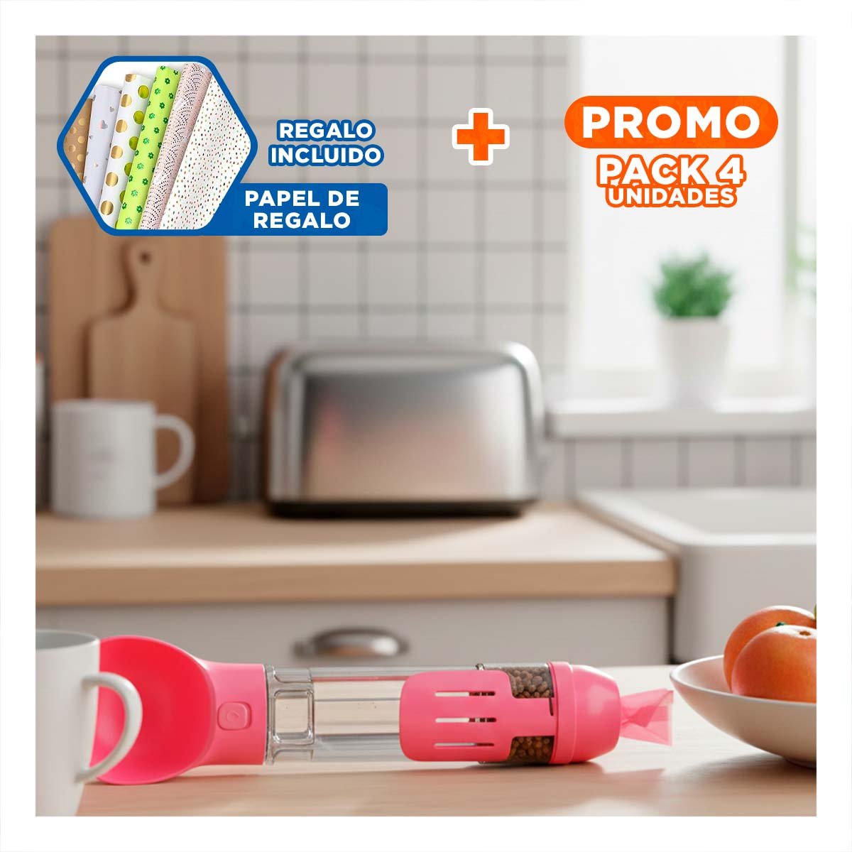 PACK4 BOTELLA 4 EN 1 DISPENSADOR CON BOLSITA ROSADO GRANDE MUY ACTIVO DE PASEO Y+PAPEL REGALO - 1