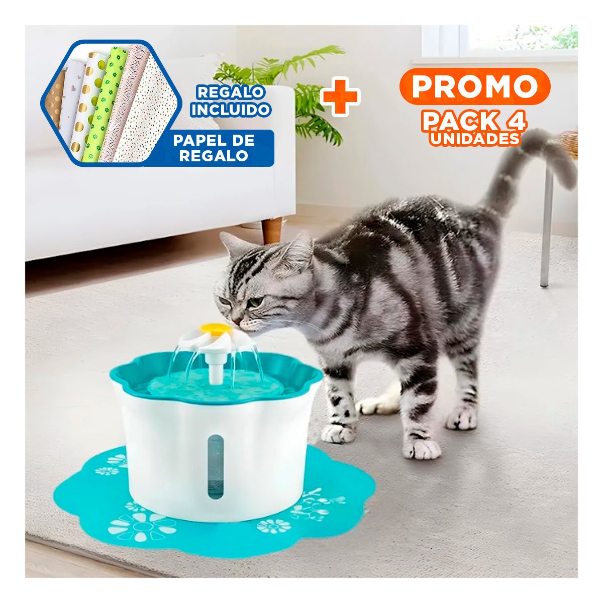 PACK4 FUENTE DE AGUA FLOR PET VERDE DE PLASTICO MUY ACTIVO Y+PAPEL REGALO - 1