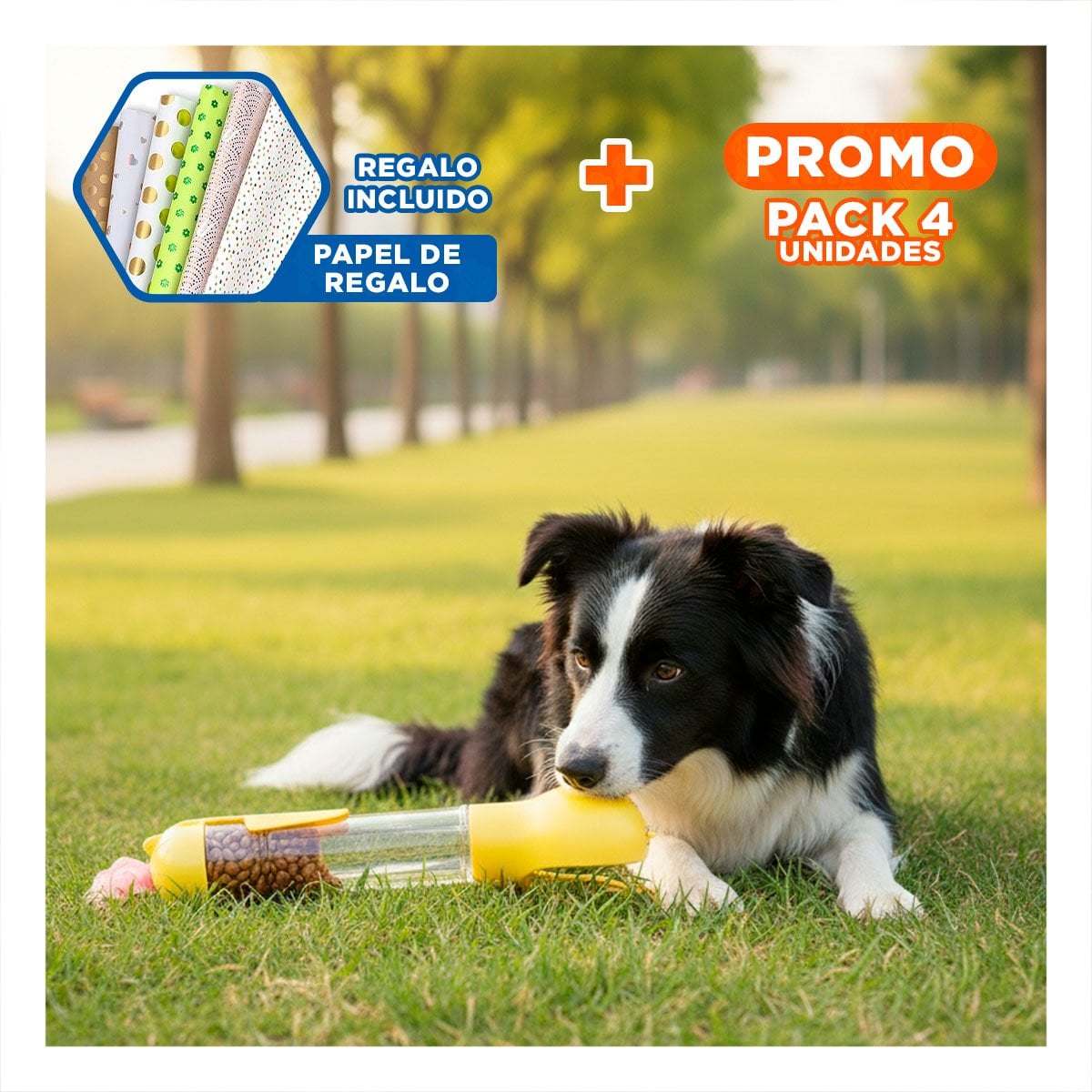 PACK4 BOTELLA 4 EN 1 DISPENSADOR CON BOLSITA AMARILLO GRANDE MUY ACTIVO DE PASEO Y+PAPEL REGALO - 1