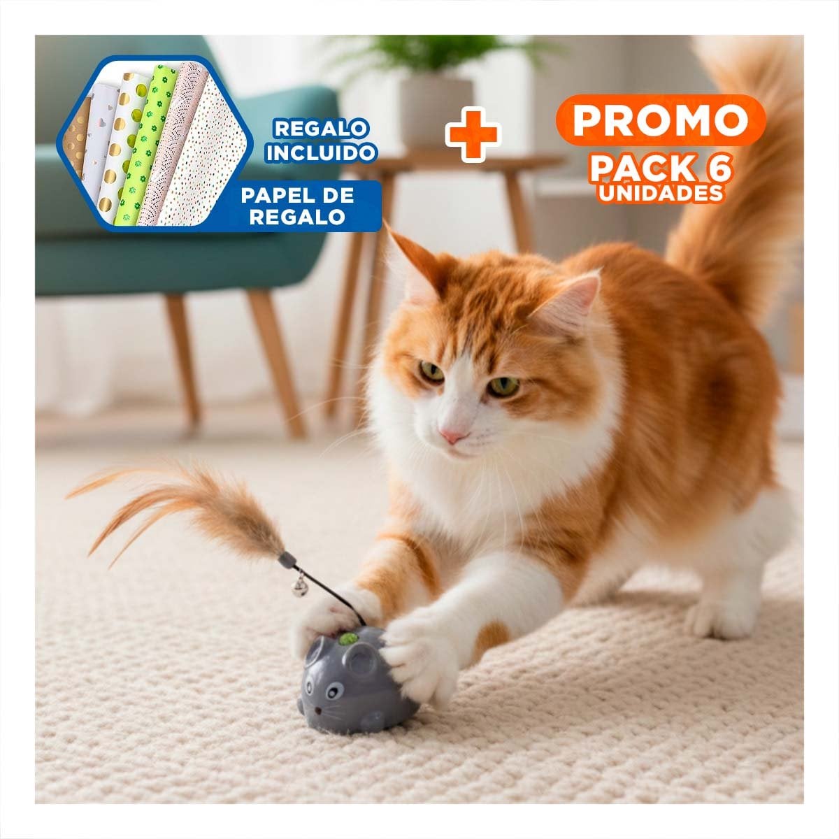 PACK6 ACCESORIO DE JUEGO RATON CON PLUMA PLOMO MUY SUAVE PARA SU MASCOTA Y+PAPEL REGALO - 1