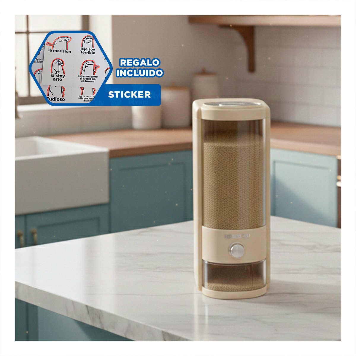 BASE DE DISPENSADOR DE COLOR CREMA Y TRANSPARENTE 10L PARA MESA COMEDOR Y+REGALO STICKER - 1