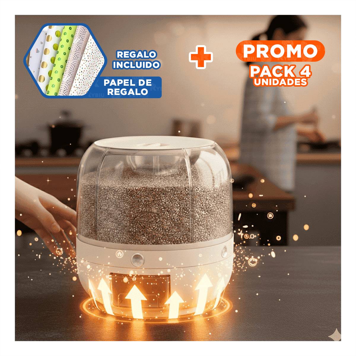 PACK4 DISPENSADOR DE GRANOS GIRATORIO COLOR CREMA DE 27X27CM FUNCIONAL Y+PAPEL REGALO - 1