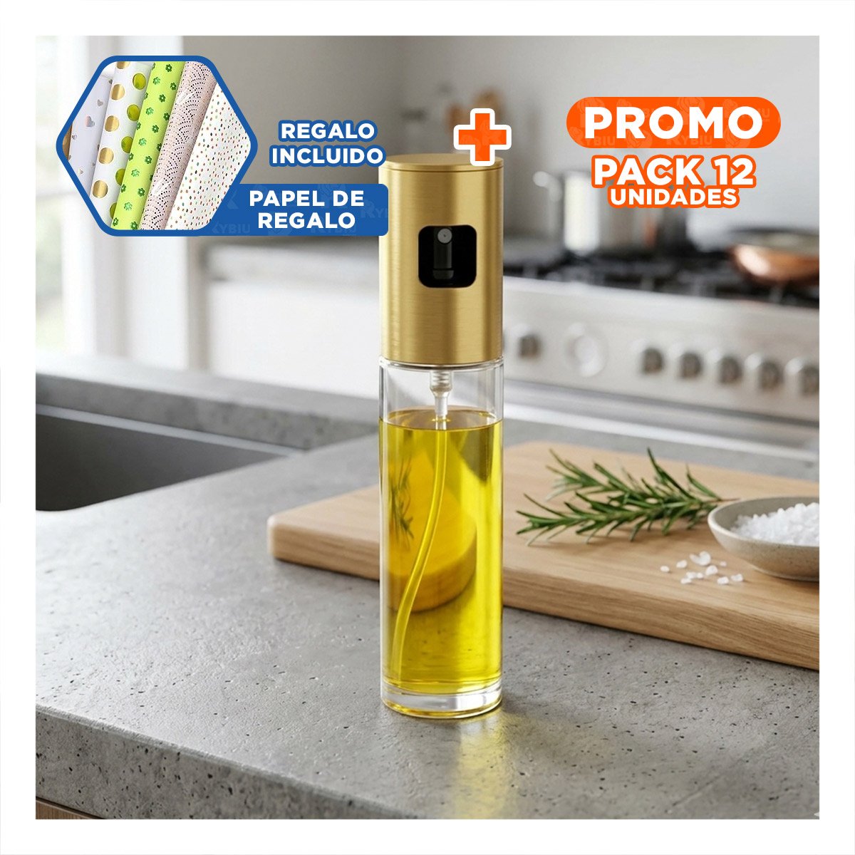 PACK12 ACEITERO EN SPRAY DORADO 100ML CON BOTELLA DE VIDRIO PARA SU SALUD Y+PAPEL REGALO - 1