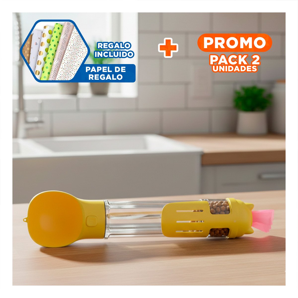 PACK2 BOTELLA 4 EN 1 DISPENSADOR CON BOLSITA AMARILLO GRANDE MUY UTIL DE MANEJAR Y+PAPEL REGALO - 1