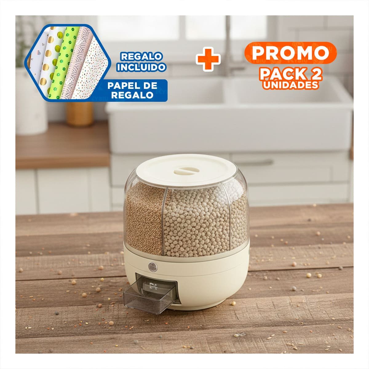 PACK2 CONTENEDOR DE GRANOS GIRATORIO COLOR CREMA DE 27X27CM FUNCIONAL DECORATIVO Y+PAPEL REGALO - 1