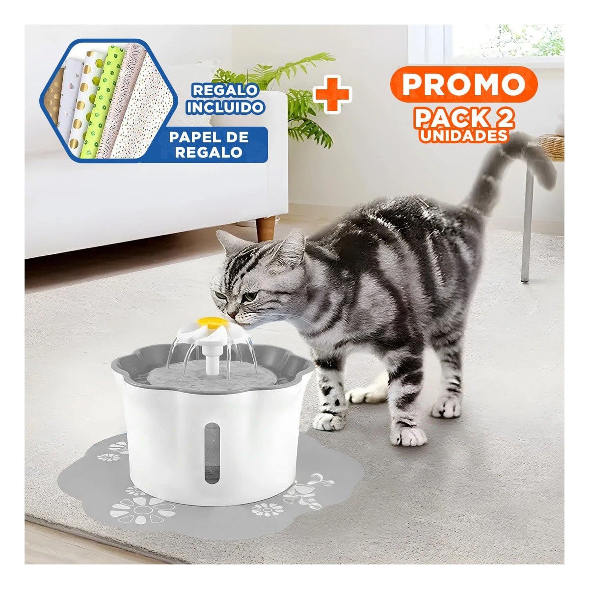 PACK2 FUENTE DE AGUA FLOR PET PLOMO DE PLASTICO MUY UTIL Y+PAPEL REGALO - 1