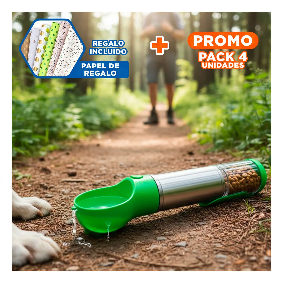 PACK4 BOTELLA 4 EN 1 DISPENSADOR CON BOLSITA VERDE GRANDE MUY ACTIVO DE PASEO Y+PAPEL REGALO - 1
