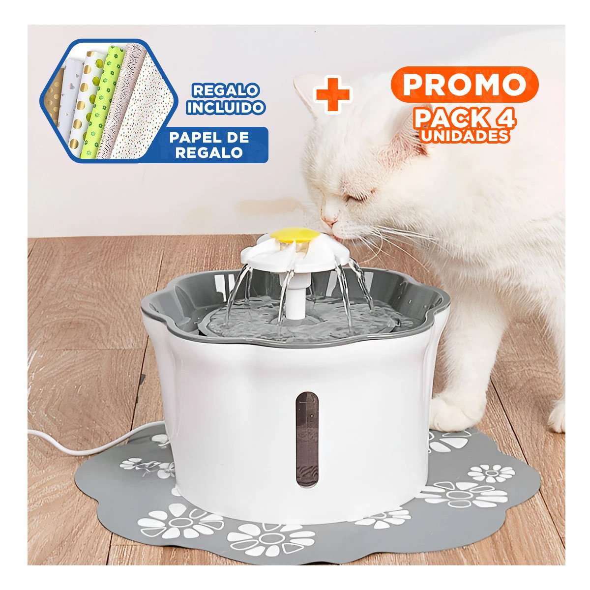 PACK4 FUENTE DE AGUA FLOR PET PLOMO DE PLASTICO MUY ACTIVO Y+PAPEL REGALO - 1