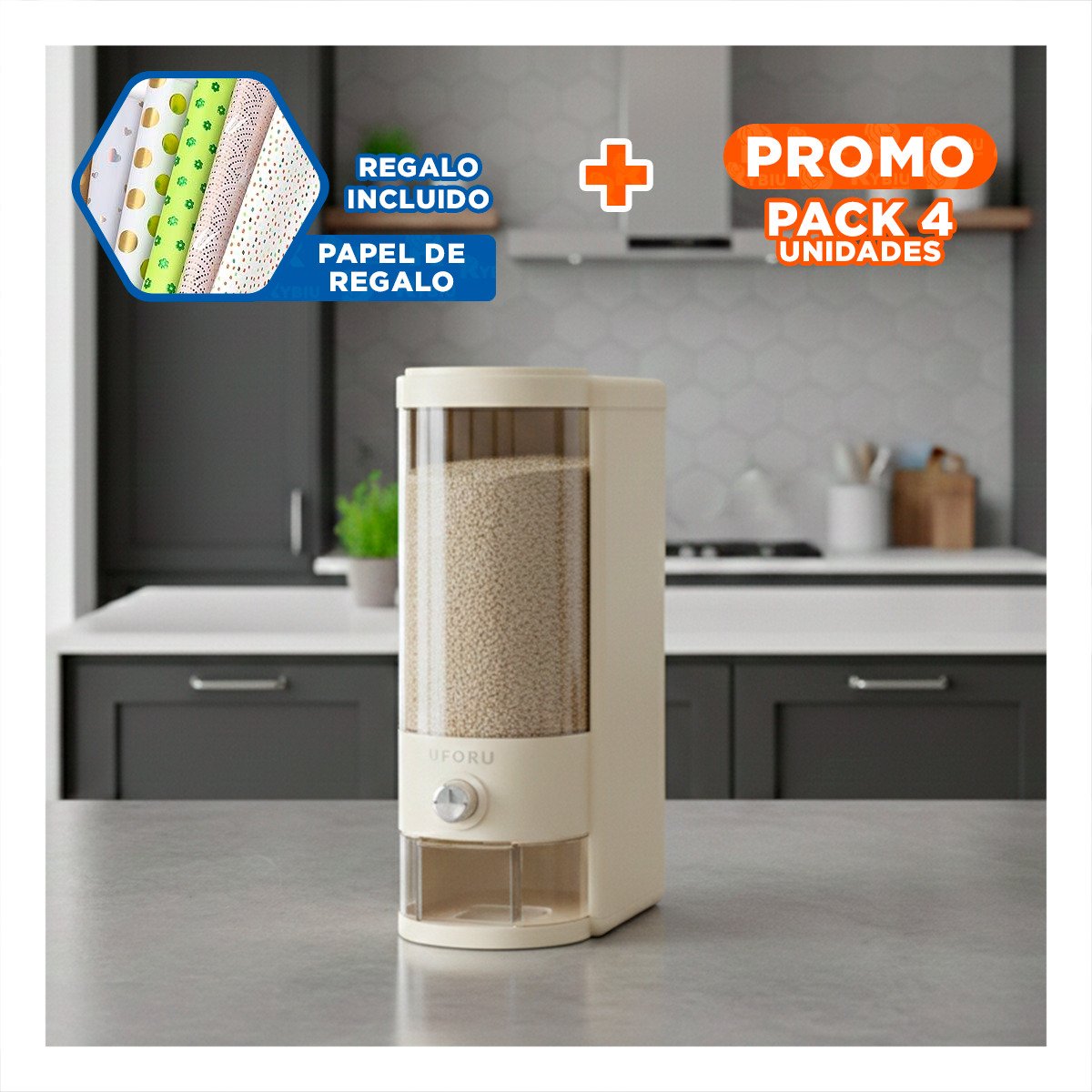 PACK4 DISPENSADOR DE GRANOS 10L COLOR CREMA Y TRANSPARENTE FUNCIONAL Y+PAPEL REGALO - 1