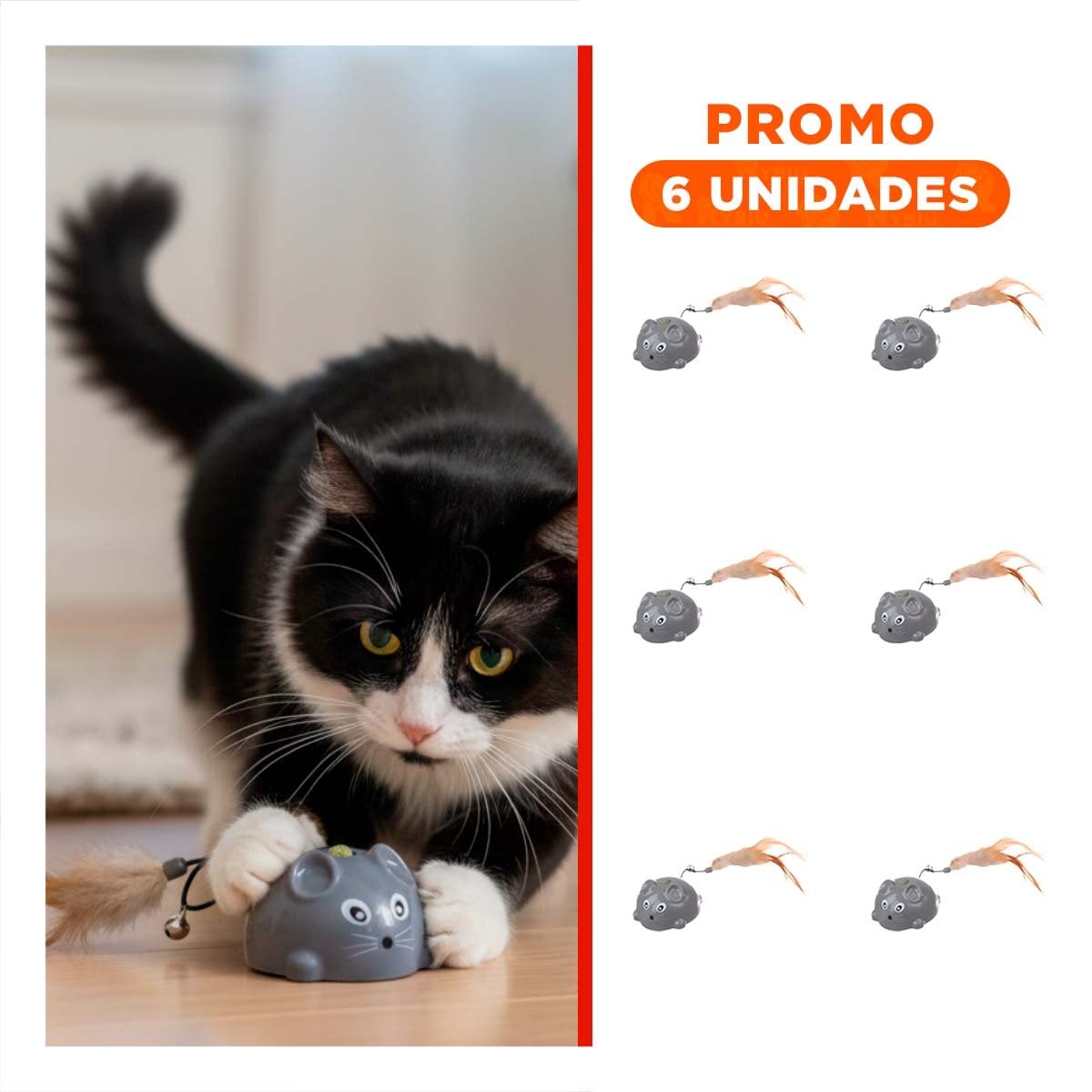 PACK6 JUGUETE RATON CON PLUMA INTERACTIVO DE COLOR PLOMO PARA SUS MANOS - 1
