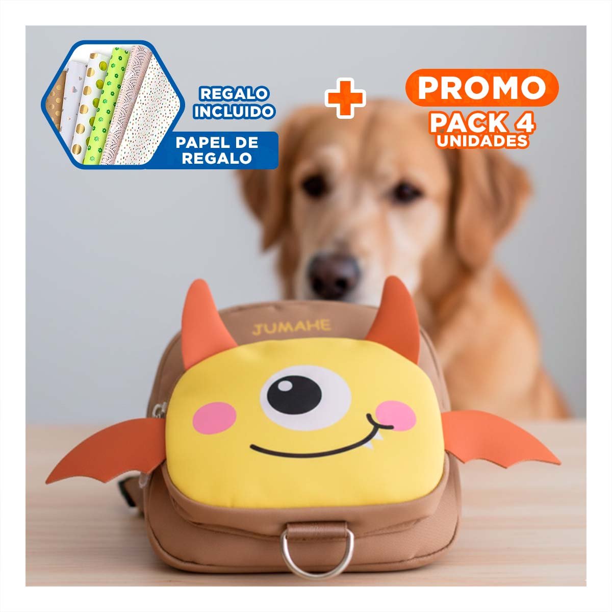 PACK4 MOCHILA PEQUEÑA PARA MASCOTA COLOR MOSTAZA DE MURCIELAGO DE GRAN ACTIVO Y+PAPEL REGALO - 1
