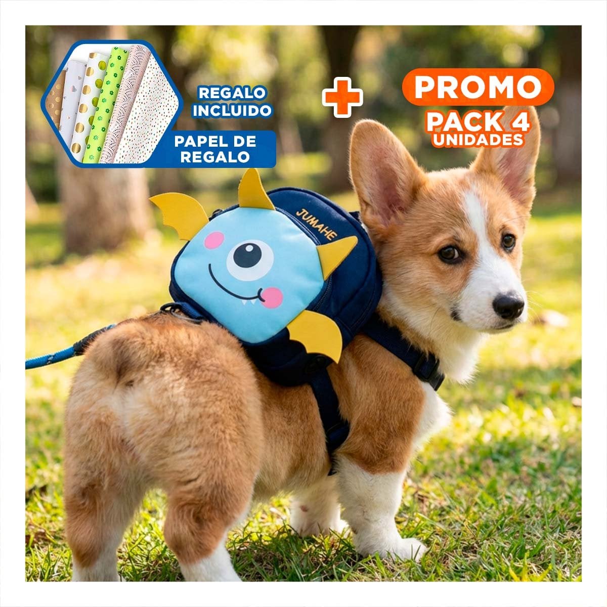 PACK4 MOCHILA PEQUEÑA PARA MASCOTA COLOR AZUL DE MURCIELAGO DE GRAN ACTIVO Y+PAPEL REGALO - 1