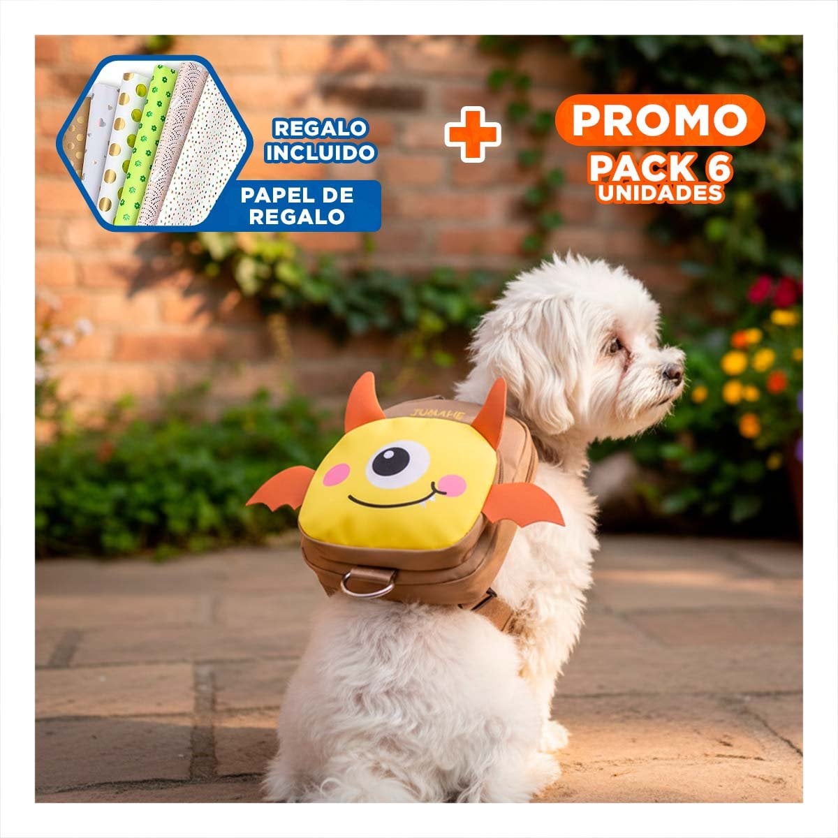 PACK6 MOCHILA PEQUEÑA PARA MASCOTA COLOR MOSTAZA DE MURCIELAGO MUY SUAVE REAL Y+PAPEL REGALO - 1