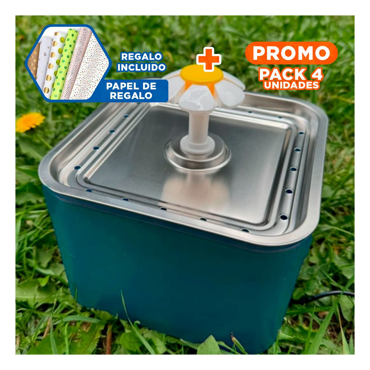 PACK4 FUENTE ELECTRICA VERDE CUADRADO PET EN ACERO INOXIDABLE Y+PAPEL REGALO - 1