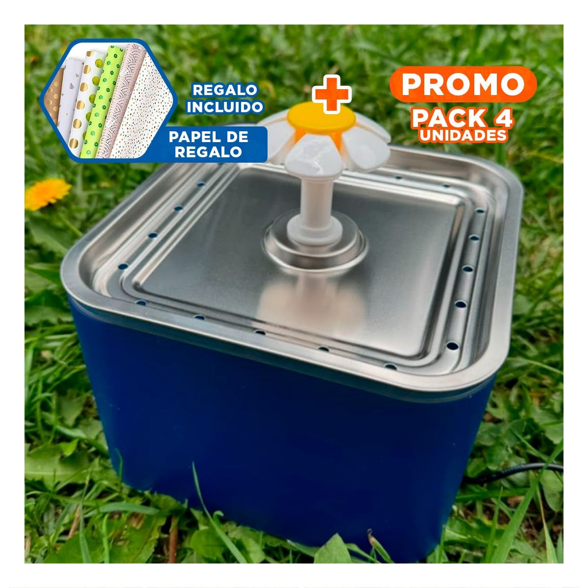 PACK4 FUENTE ELECTRICA AZUL CUADRADO PET EN ACERO INOXIDABLE Y+PAPEL REGALO - 1