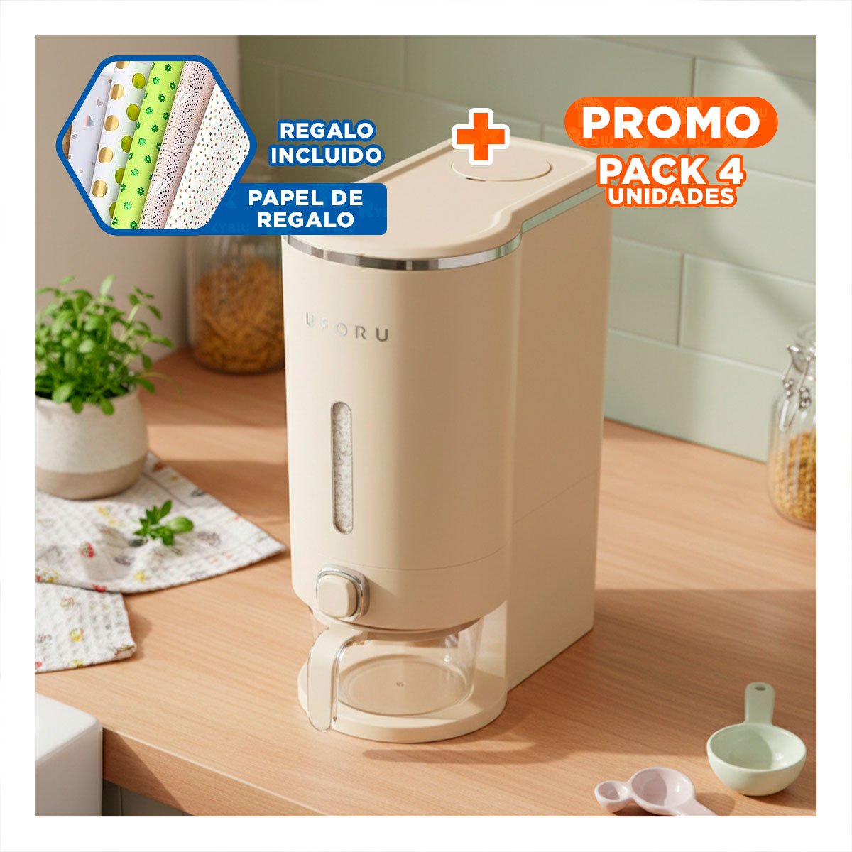 PACK4 DISPENSADOR DE GRANOS 10L COLOR CREMA Y PLATEADO FUNCIONAL Y+PAPEL REGALO - 1